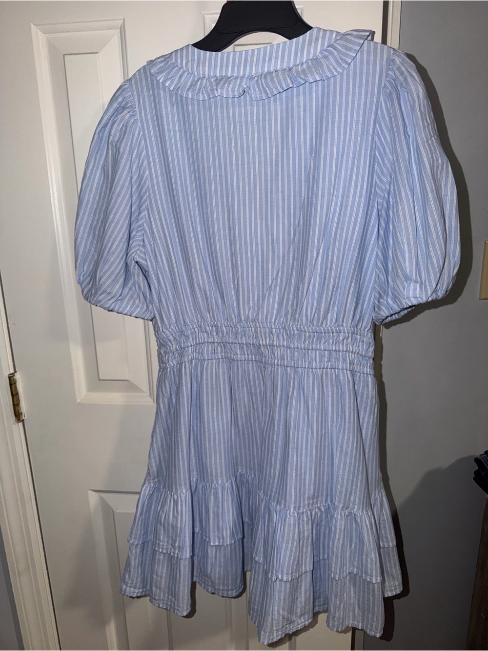 Striped Blue Ruffle V-Neck Mini Dress - Picture 3 of 3